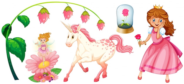 Vector fairytales conjunto con princesa y unicornio ilustración