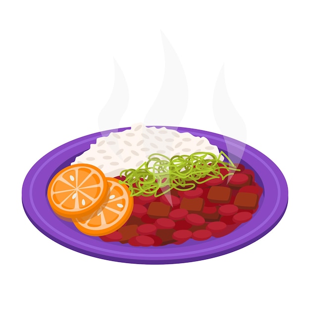 Fajoada Un plato de productos cárnicos de frijoles y farofa con arroz.