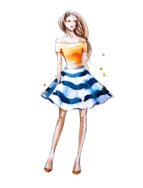 Falda de rayas con vuelo. Ilustración de moda en acuarela, pintada a mano.