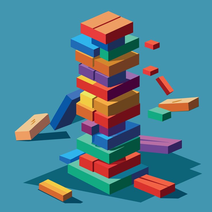 Vector falla y colapso colorida torre de bloques de madera en como concepto de riesgo o estabilidad