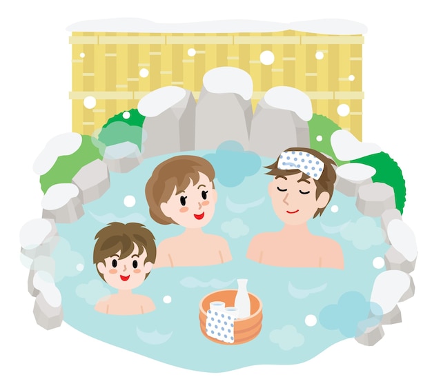 Vector familia de 3 que se bañan al aire libre en invierno.