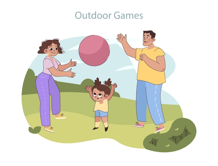 Vector familia activa disfrutando del aire libre con un vibrante juego de pelota padres e hijo disfrutan de una vida animada