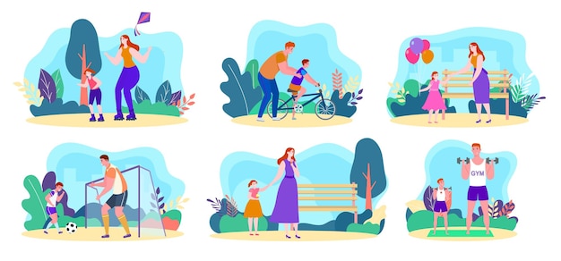 Familia actividad al aire libre conjunto ilustración vectorial dibujos animados feliz hombre mujer personaje activo en el parque juntos ...