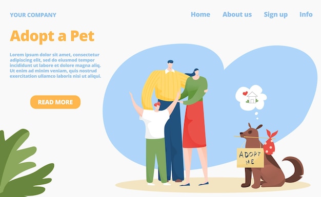 Vector la familia adopta la ilustración del vector del concepto de la página de inicio del perro mascota adopción de animales al diseño de banner web familiar del personaje del niño de la mujer del hombre plano