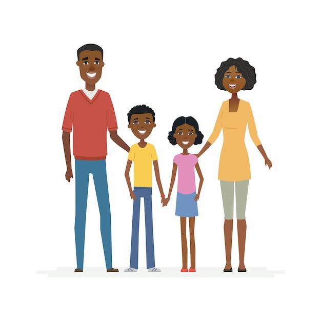 Vector familia africana feliz - personajes de dibujos animados personas aislaron ilustración sobre fondo blanco. padres jóvenes sonrientes de pie con los niños y abrazarlos