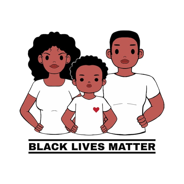 Familia africana de pie con pose de orgullo, logotipo de protesta por la importancia de las vidas negras. detener el racismo usa. dibujos animados de estilo sobre fondo blanco.