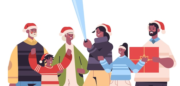 Familia afroamericana multigeneracional con sombreros de santa tomando fotos selfie en la cámara del teléfono inteligente año nuevo vacaciones de navidad concepto de celebración retrato horizontal ilustración vectorial