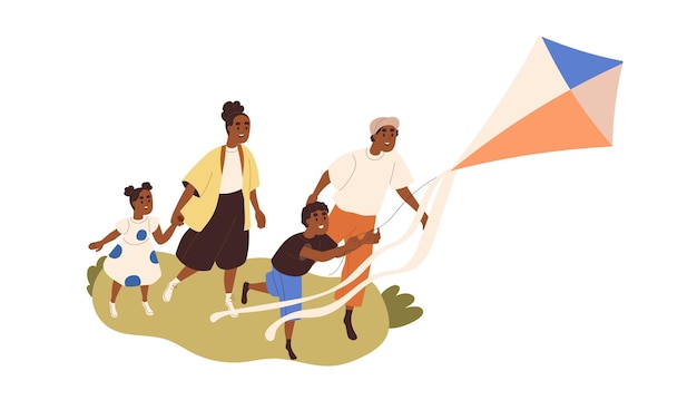 Familia afroamericana con niños vuelan cometas juntos. Mamá, papá, niños durante el ocio al aire libre, entretenimiento en vacaciones de verano, vacaciones. Ilustración de vector gráfico plano aislado sobre fondo blanco