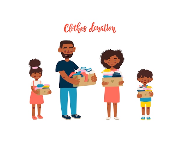 Vector familia afroamericana sosteniendo cajas con ropa para donación