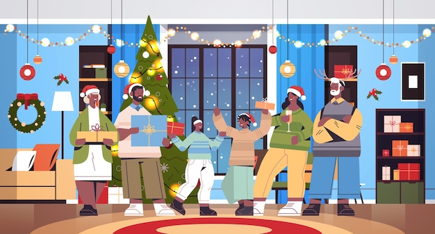 Familia afroamericana de varias generaciones en sombreros de santa sosteniendo regalos año nuevo vacaciones de navidad concepto de celebración salón interior horizontal ilustración vectorial de longitud completa