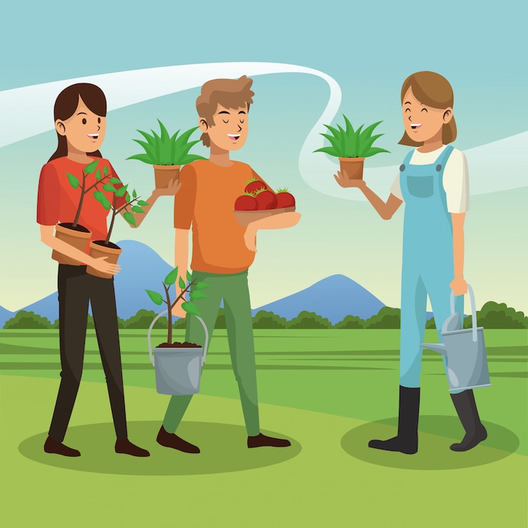 Vector familia de agricultores con cosecha de tomate