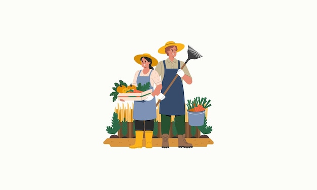 Una familia de agricultores con herramientas de verduras y sonriendo felices juntos