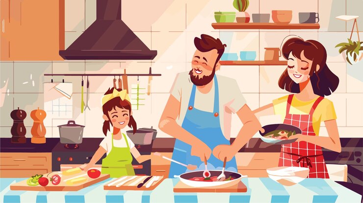 Vector familia alegre cocinando juntos en casa madre padre y hijos preparan una comida