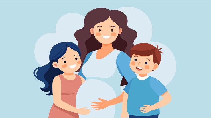 Vector una familia alegre espera un nuevo bebé con hermanos