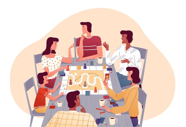 Vector una familia alegre juega juegos de mesa con amigos.