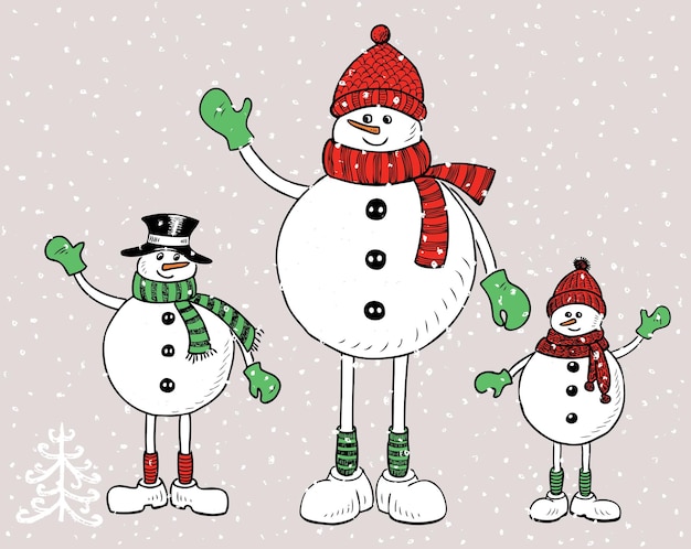 Familia de alegres muñecos de nieve en Navidad
