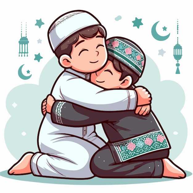 Familia y amigos abrazándose y celebrando el Eid Mubarak.