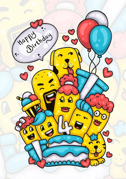 Vector familia y amigos que desean feliz cuarto cumpleaños para el bebé ilustraciones de doodle dibujadas a mano