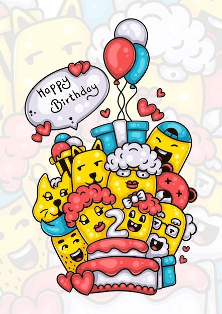 familia y amigos que desean feliz segundo cumpleaños a la niña dibujados a mano ilustraciones de garabatos
