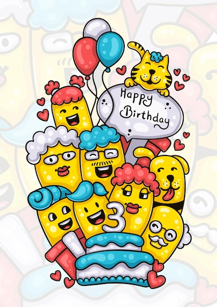 familia y amigos que desean feliz tercer cumpleaños para el bebé ilustraciones de garabatos dibujados a mano