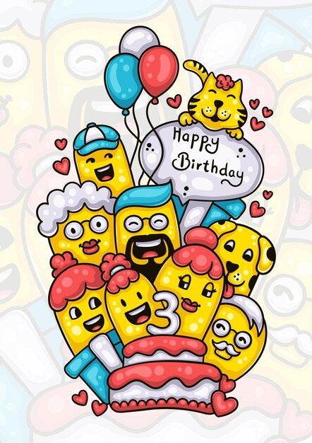 familia y amigos que desean feliz tercer cumpleaños a la niña dibujados a mano ilustraciones de garabatos
