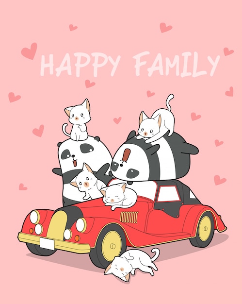 Familia de animales y carro rojo.