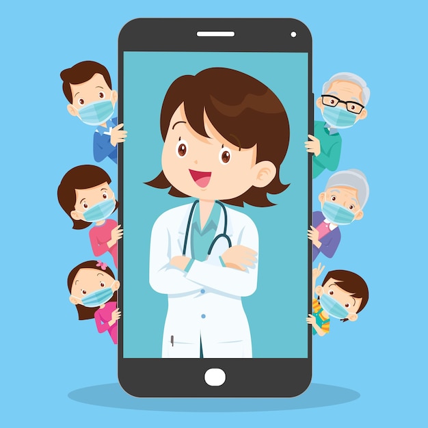 Familia con aplicación móvil Médico de familia Familia que usa la aplicación móvil Consulta de salud Médico en línea