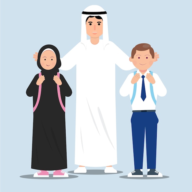 Familia árabe Hombre árabe Niña árabe Niño árabe primer día de escuela Arabia Saudita El Golfo Pérsico