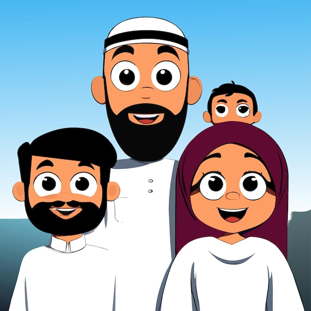 Vector familia árabe islámica musulmana dibujada a mano, plana, elegante, adhesiva de dibujos animados, concepto de icono aislado