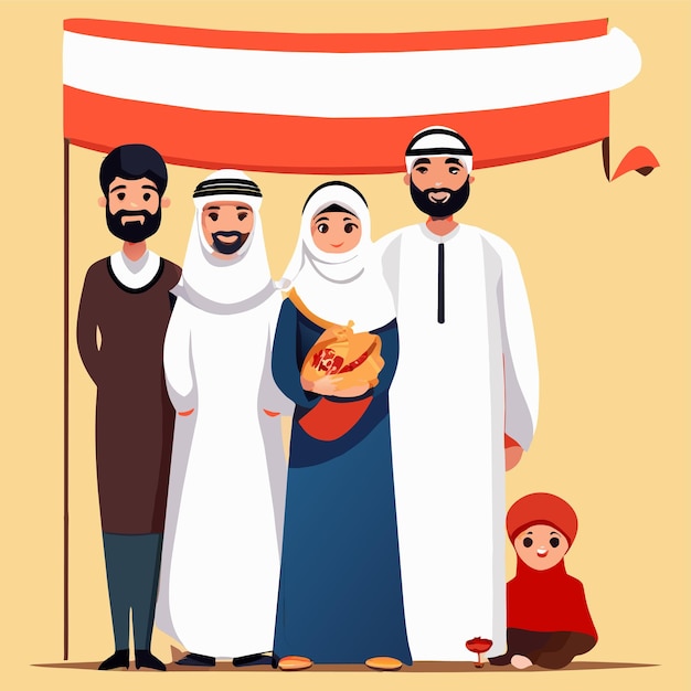 Familia árabe islámica musulmana dibujada a mano, plana, elegante, adhesiva de dibujos animados, concepto de icono aislado
