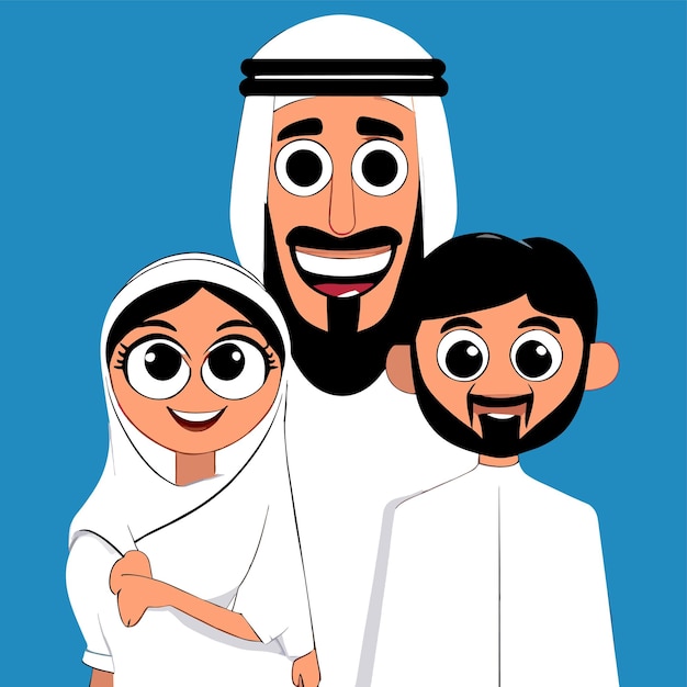 Familia árabe islámica musulmana dibujada a mano, plana, elegante, adhesiva de dibujos animados, concepto de icono aislado