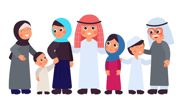 Familia árabe Padres saudíes personas islámicas antiguas Hombre y mujer musulmanes tradicionales con niños Chica usa hiyab dibujos animados lindas personas felices escena vectorial decente