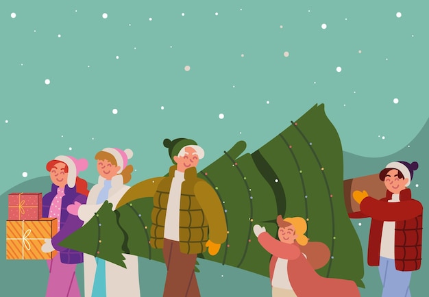Familia, con, árbol de navidad, y, regalo