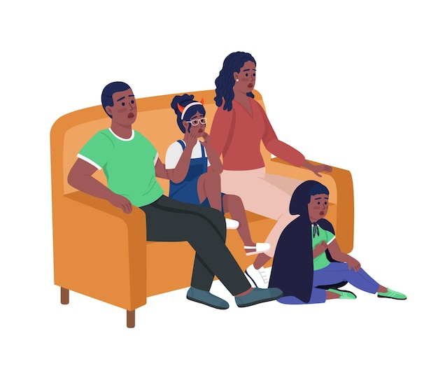 Familia asustada en los personajes vectoriales de color semiplano de las vacaciones de Halloween