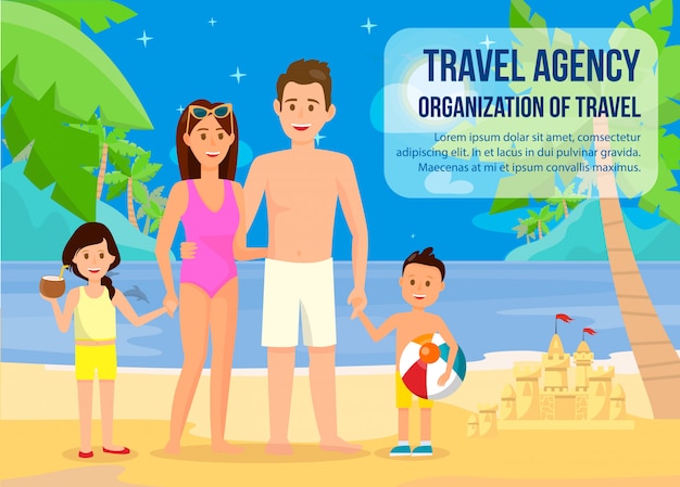 Familia en banner de vacaciones de verano con letras.