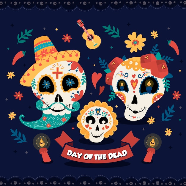 Familia de calaveras de azúcar mexicana