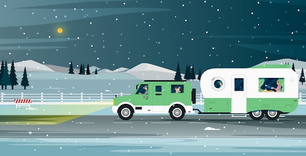 Vector familia caravana viaja durante la noche nevada