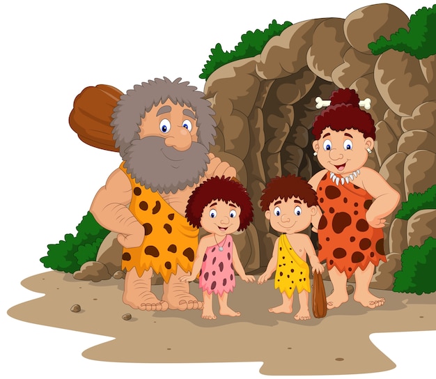 Familia de cavernícola de dibujos animados con fondo de cueva