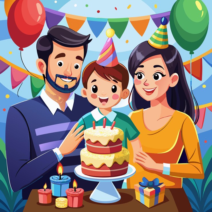 Vector una familia celebra un cumpleaños con velas de pastel y regalos