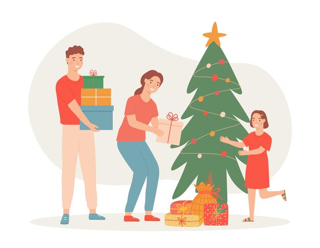Familia celebra la Navidad en casa árbol y regalos Vector de Navidad casa regalo y árbol ilustración personajes felicidad