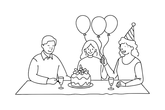 Familia celebra su cumpleaños con pastel y globos