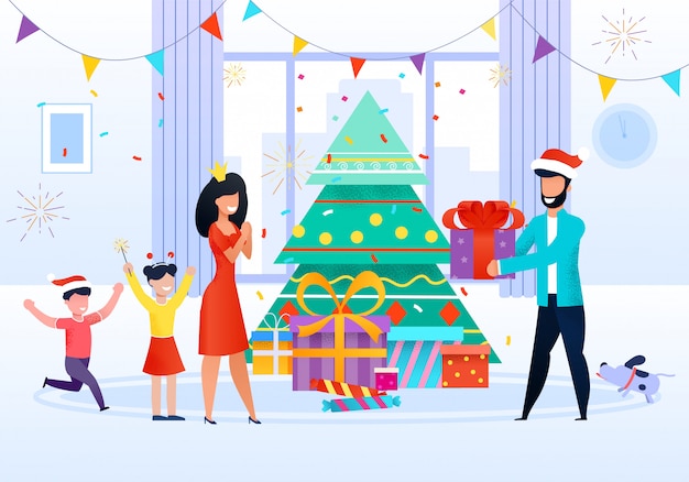 Familia celebrando la navidad ilustración vectorial plana