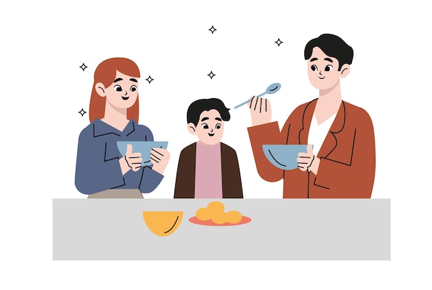 Familia cenando juntos ilustración vectorial. Mamá, papá, hijo adolescente comiendo comida al estilo plano. Familia