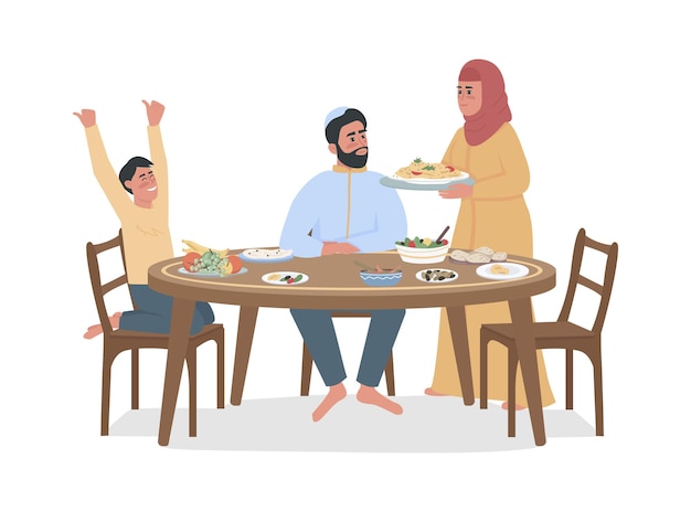 Familia cenando juntos personajes vectoriales de color semi plano. Gente de cuerpo entero en blanco. Las comidas tradicionales de Ramadán aislaron la ilustración moderna de estilo de dibujos animados para diseño gráfico y animación