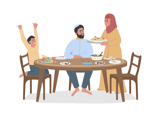 Familia cenando juntos personajes vectoriales de color semi plano. gente de cuerpo entero en blanco. las comidas tradicionales de ramadán aislaron la ilustración moderna de estilo de dibujos animados para diseño gráfico y animación