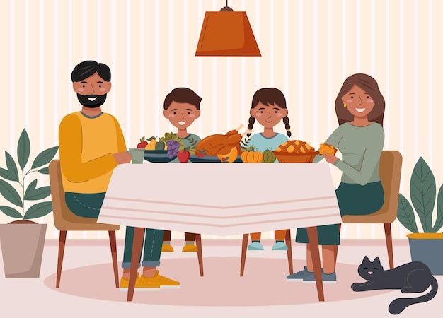 Vector la familia está cenando en la mesa concepto familiar concepto de acción de gracias concepto de navidad