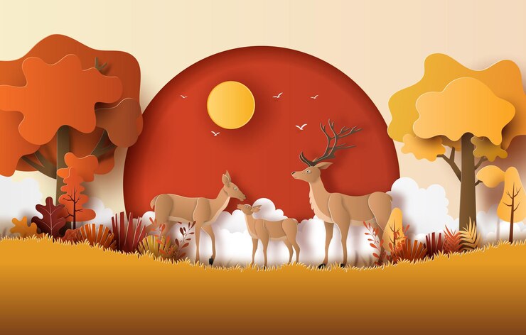 Familia de ciervos en el País de las Maravillas de otoño estilo de corte de papel