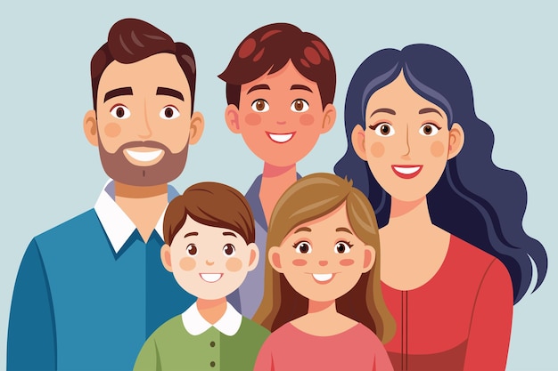 Vector una familia de cinco personas están sonriendo y posando para una foto