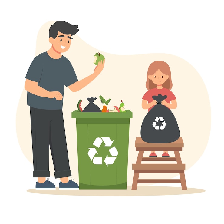Vector familia clasifica la basura orgánica en un contenedor de basura padre e hija reciclan la basura