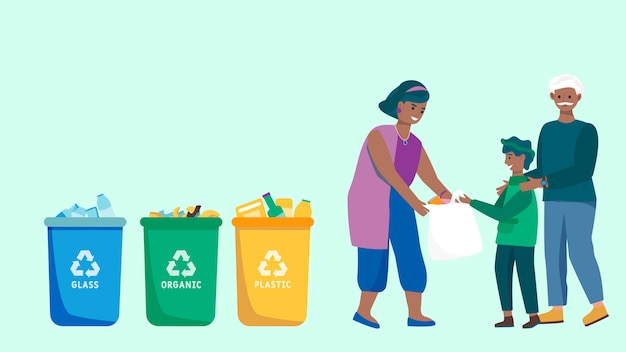 Familia clasificando basura y reciclando residuos, personas recogiendo basura, ilustración vectorial